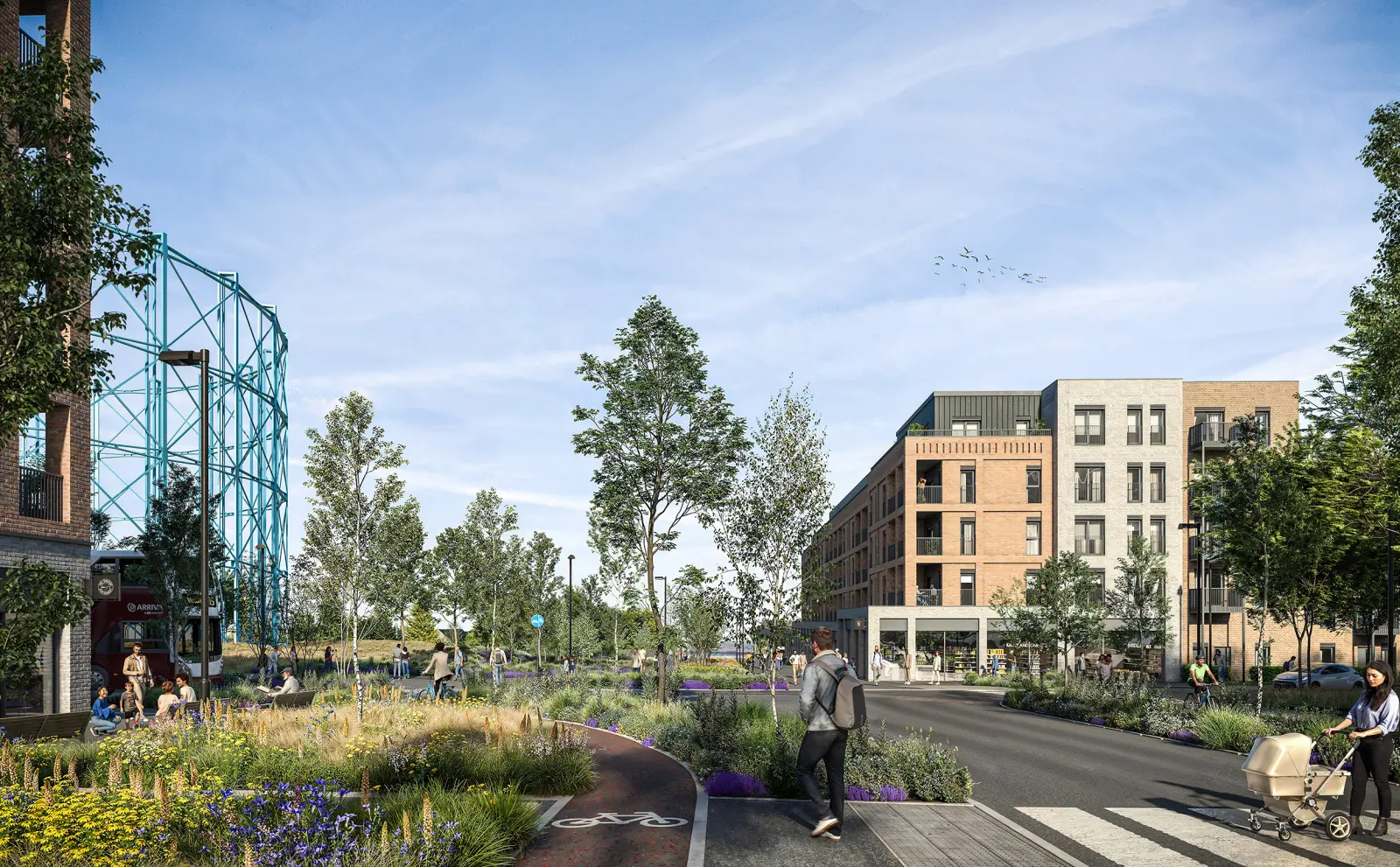 Aerial visualisation of the Granton Waterfront regeneration in Edinburgh.